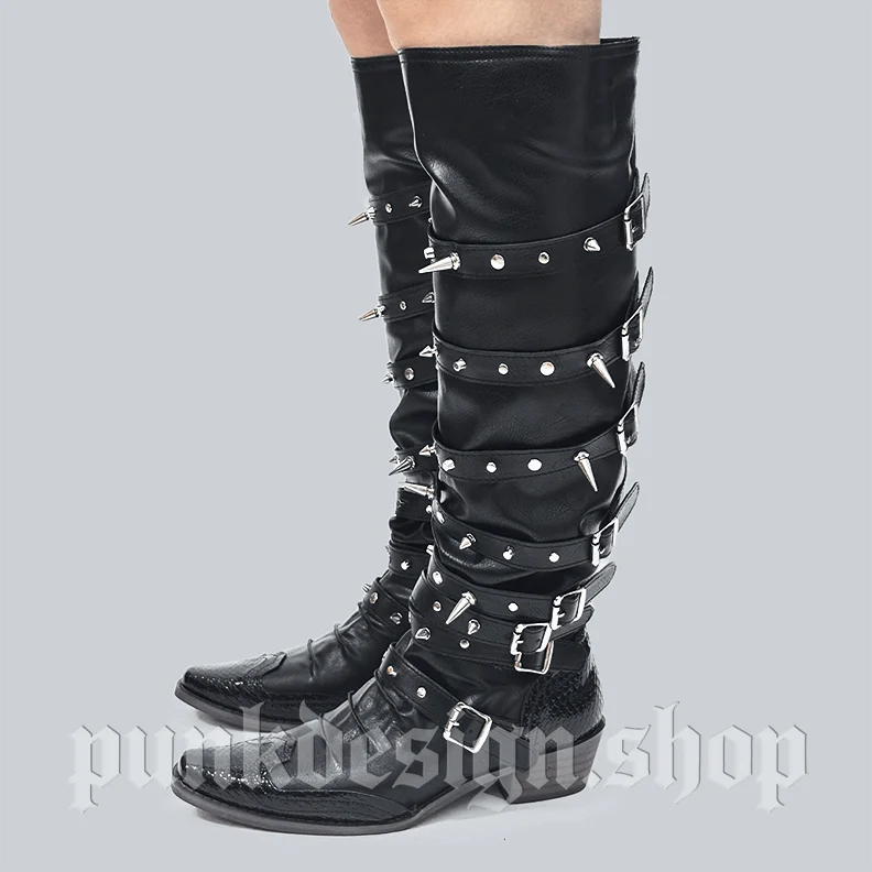 Punkige Damen-Kniestiefel mit Nieten, Schnallenriemen und Zierriemen