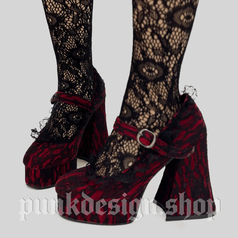 Gothic Mary Jane Schuhe für Damen mit Blumenmuster, Spitze und Schnalle