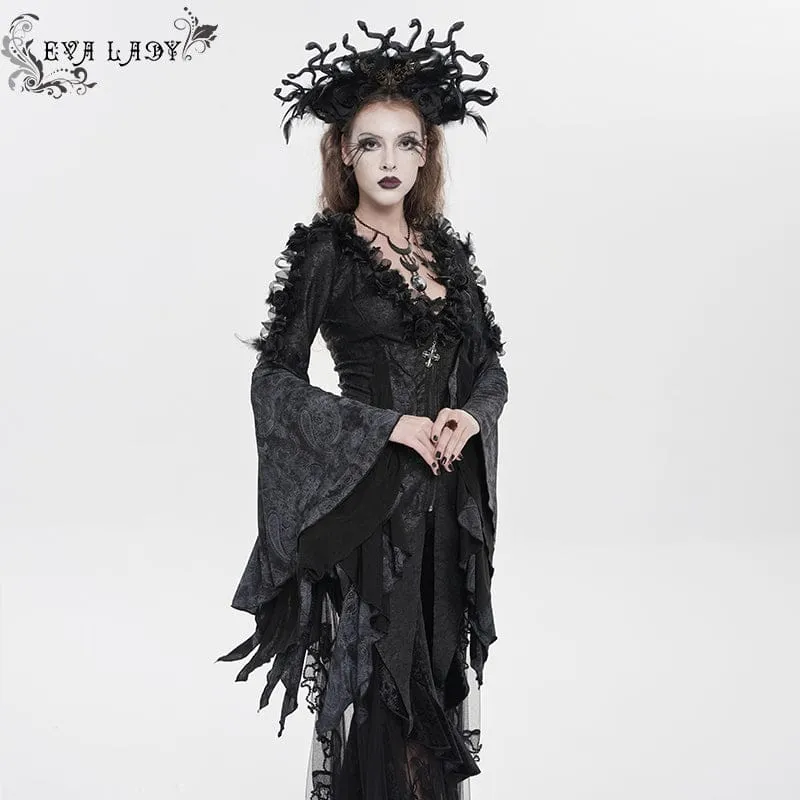 Gothic-Langarmshirt für Damen mit Rosen- und Federprint