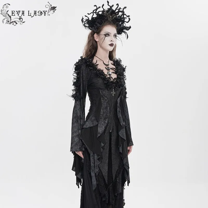 Gothic-Langarmshirt für Damen mit Rosen- und Federprint