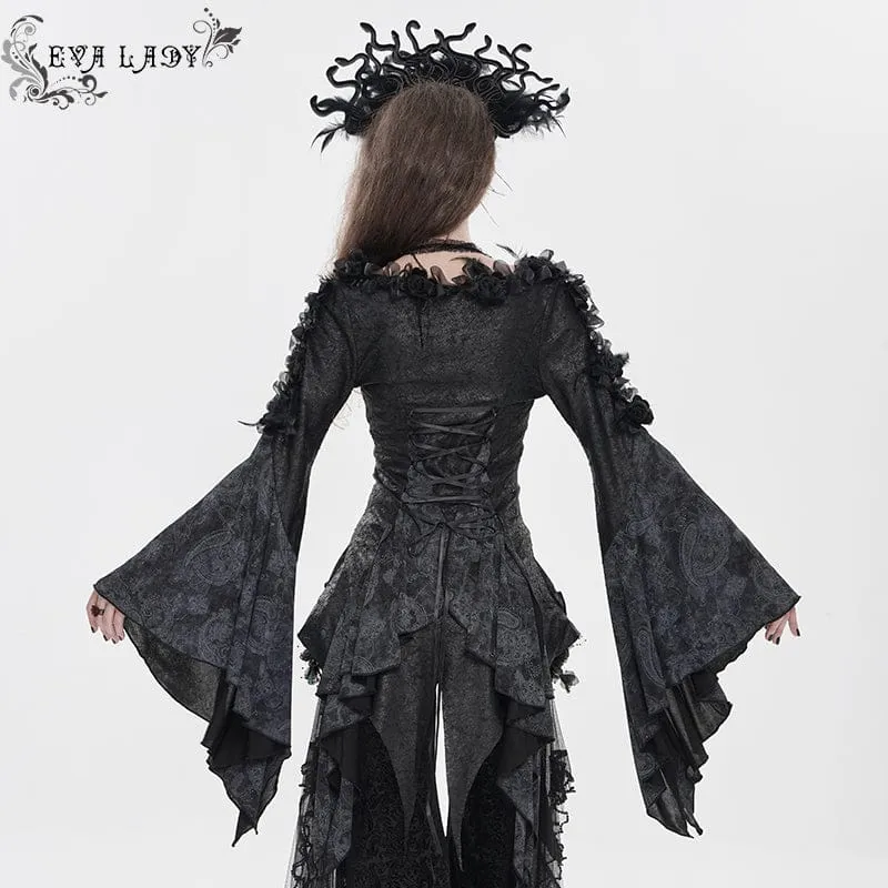 Gothic-Langarmshirt für Damen mit Rosen- und Federprint
