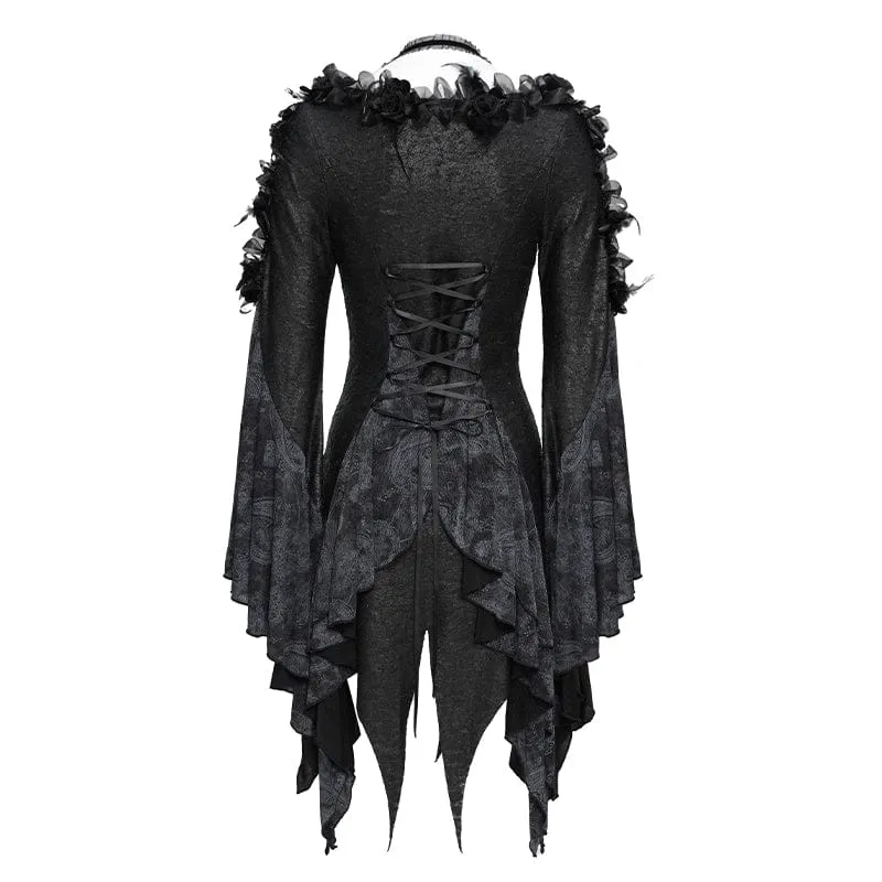 Gothic-Langarmshirt für Damen mit Rosen- und Federprint
