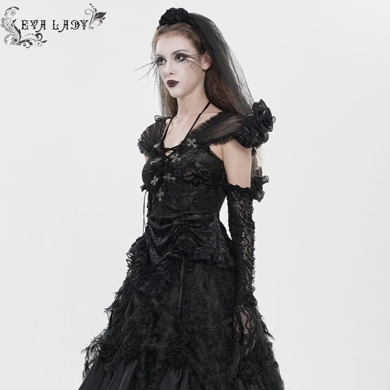 Gothic-T-Shirt für Damen mit gekreuztem Muster, tiefem Ausschnitt und kurzen Ärmeln