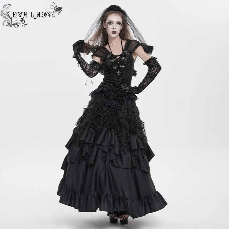 Gothic-T-Shirt für Damen mit gekreuztem Muster, tiefem Ausschnitt und kurzen Ärmeln