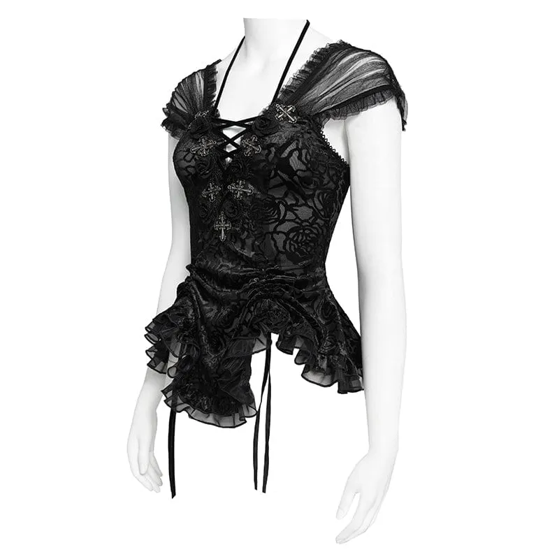 Gothic-T-Shirt für Damen mit gekreuztem Muster, tiefem Ausschnitt und kurzen Ärmeln