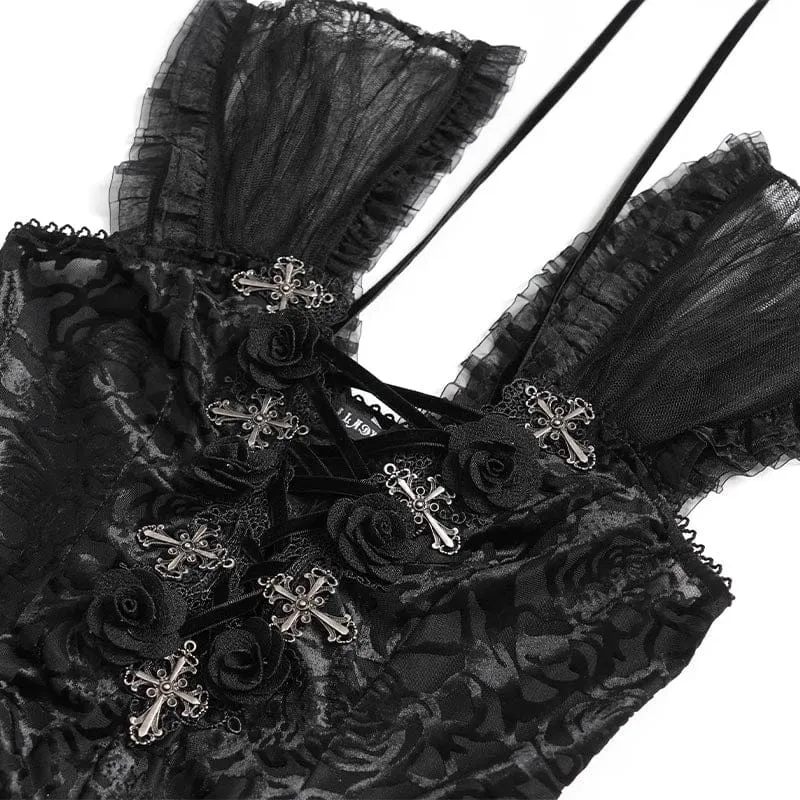 Gothic-T-Shirt für Damen mit gekreuztem Muster, tiefem Ausschnitt und kurzen Ärmeln