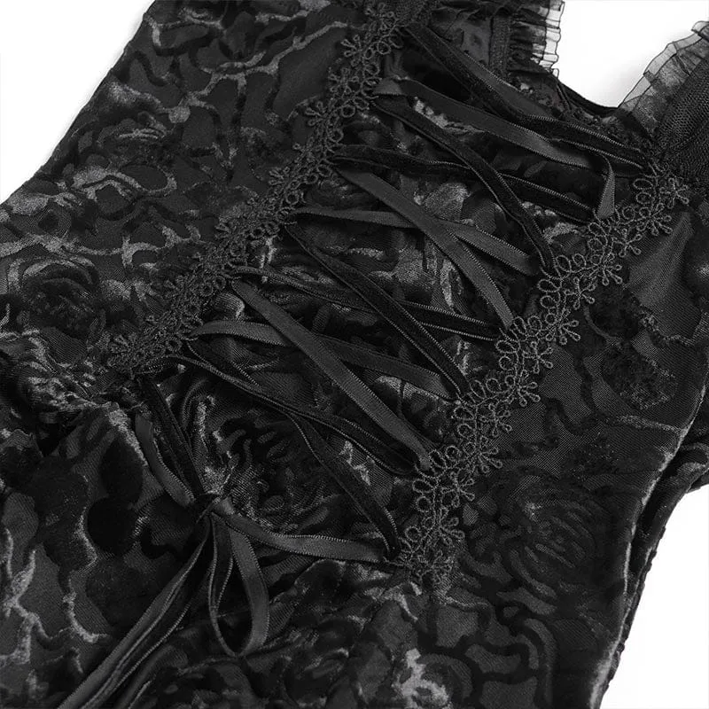 Gothic-T-Shirt für Damen mit gekreuztem Muster, tiefem Ausschnitt und kurzen Ärmeln