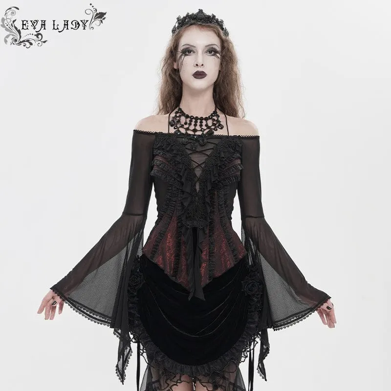 Gothic-Damenbluse mit Rüschen, schulterfrei und ausgestellten Ärmeln, Schwarz-Rot