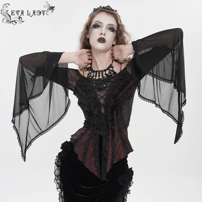 Gothic-Damenbluse mit Rüschen, schulterfrei und ausgestellten Ärmeln, Schwarz-Rot