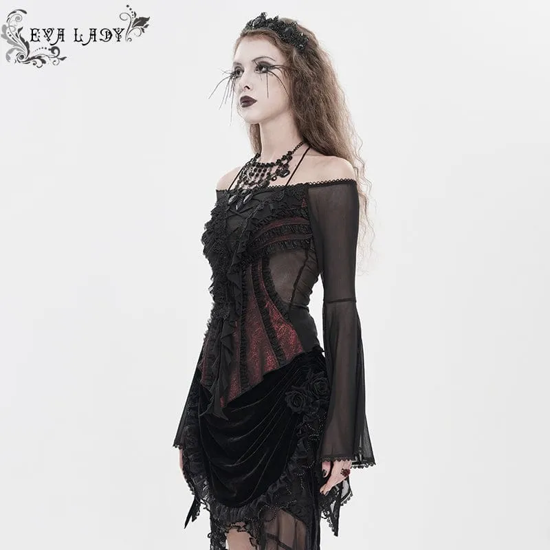 Gothic-Damenbluse mit Rüschen, schulterfrei und ausgestellten Ärmeln, Schwarz-Rot