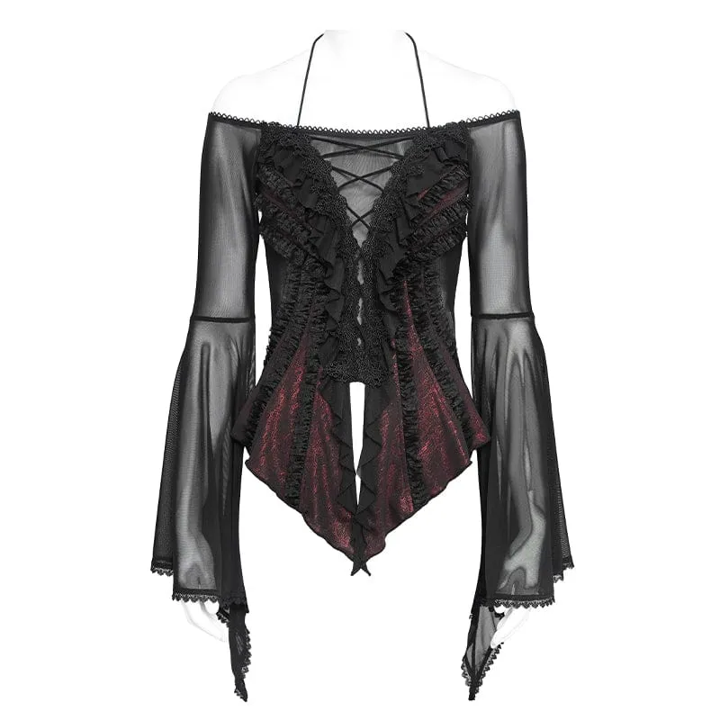Gothic-Damenbluse mit Rüschen, schulterfrei und ausgestellten Ärmeln, Schwarz-Rot
