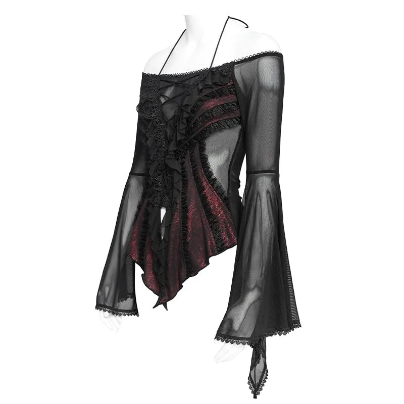Gothic-Damenbluse mit Rüschen, schulterfrei und ausgestellten Ärmeln, Schwarz-Rot