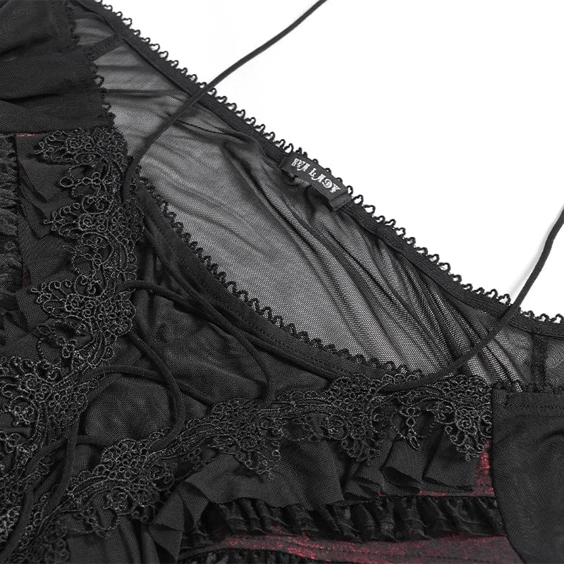 Gothic-Damenbluse mit Rüschen, schulterfrei und ausgestellten Ärmeln, Schwarz-Rot