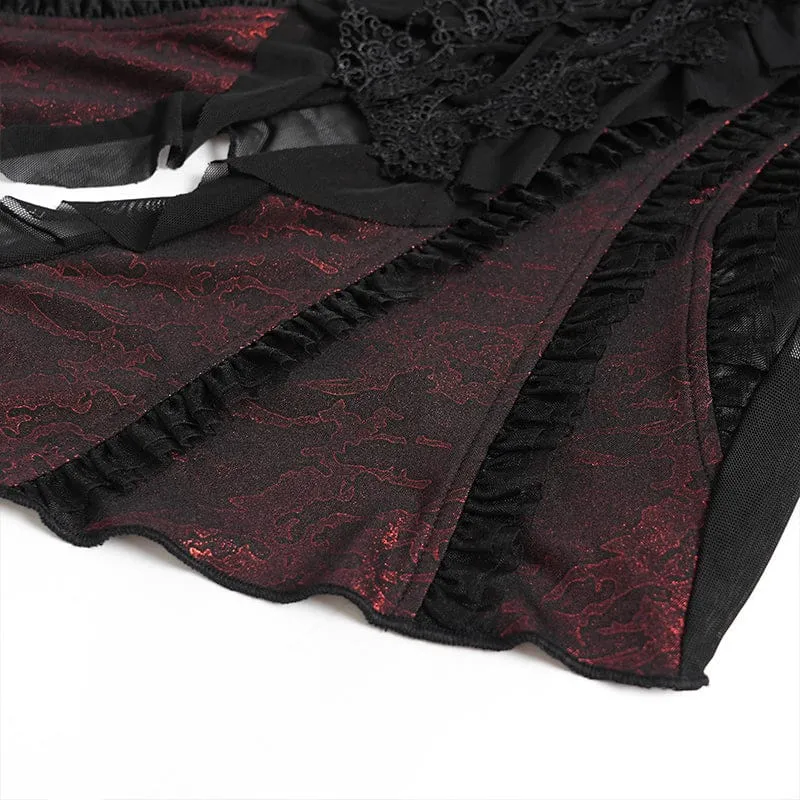 Gothic-Damenbluse mit Rüschen, schulterfrei und ausgestellten Ärmeln, Schwarz-Rot