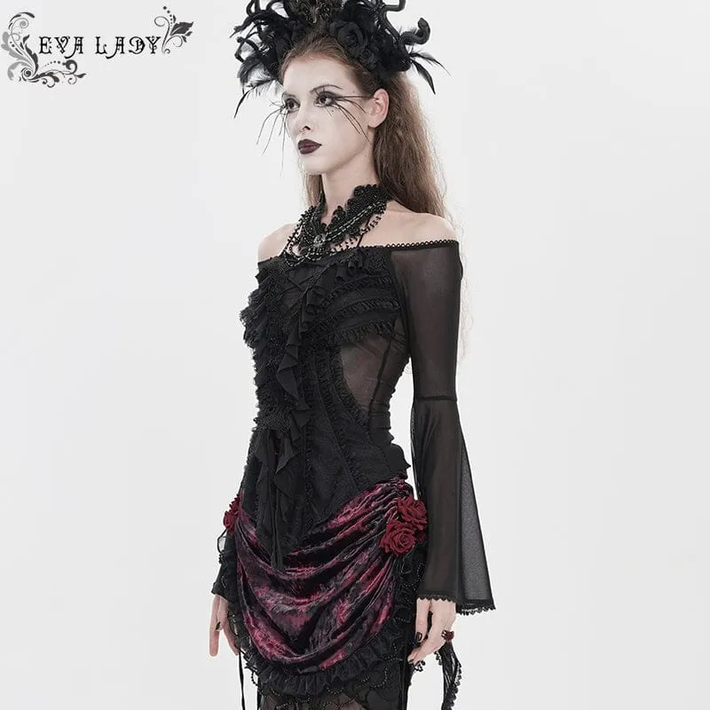Schwarzes Gothic-Damenhemd mit Rüschen, schulterfrei und ausgestellten Ärmeln