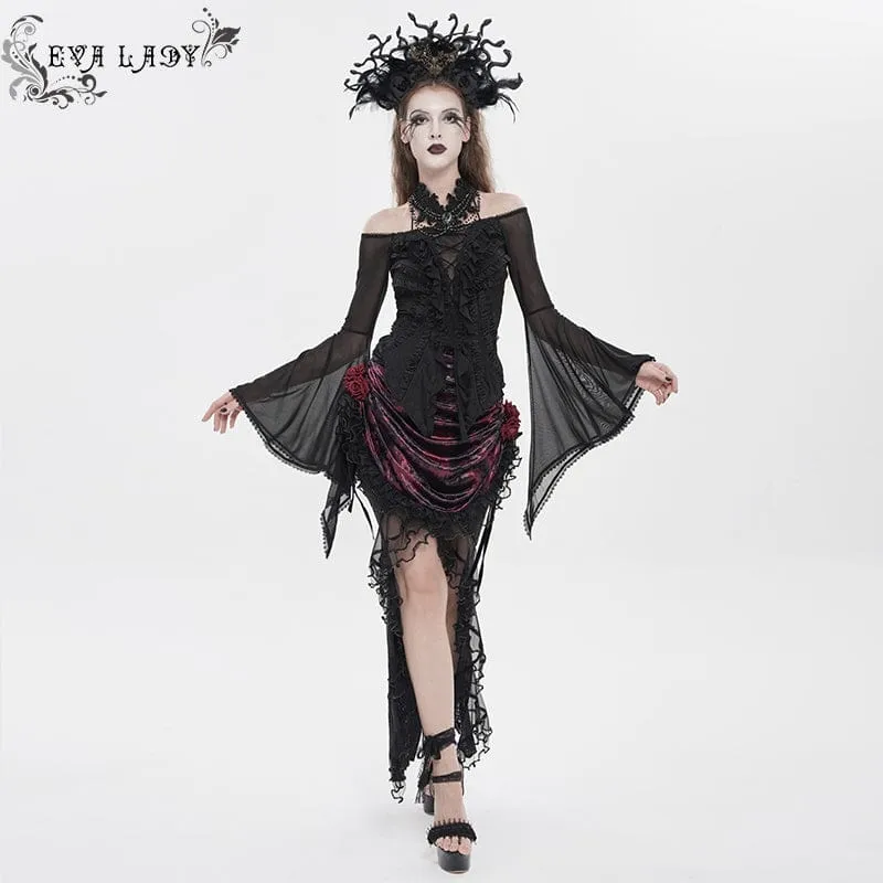Schwarzes Gothic-Damenhemd mit Rüschen, schulterfrei und ausgestellten Ärmeln