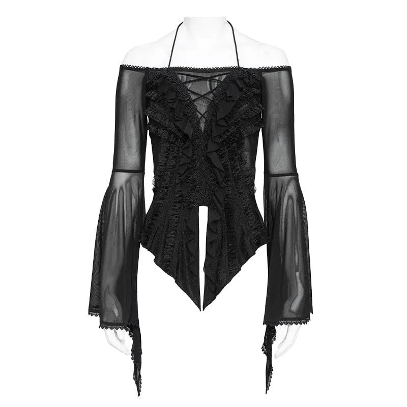 Schwarzes Gothic-Damenhemd mit Rüschen, schulterfrei und ausgestellten Ärmeln