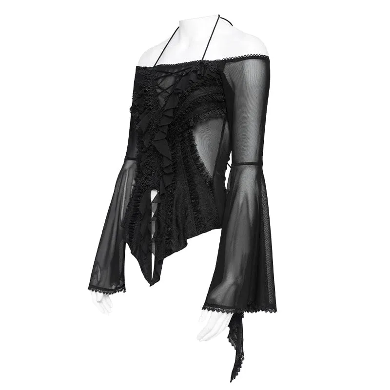 Schwarzes Gothic-Damenhemd mit Rüschen, schulterfrei und ausgestellten Ärmeln