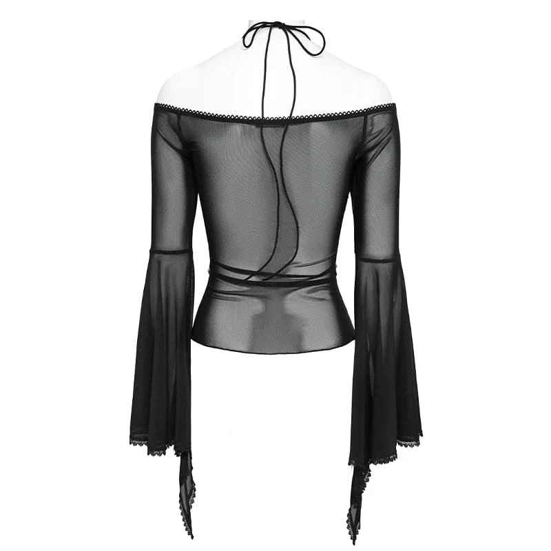 Schwarzes Gothic-Damenhemd mit Rüschen, schulterfrei und ausgestellten Ärmeln