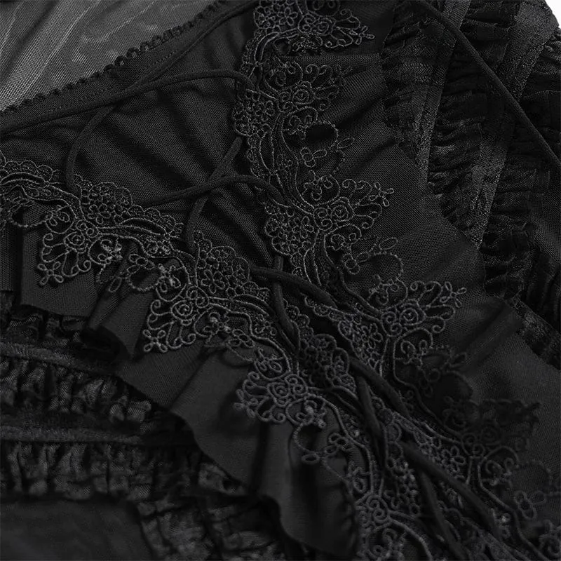 Schwarzes Gothic-Damenhemd mit Rüschen, schulterfrei und ausgestellten Ärmeln