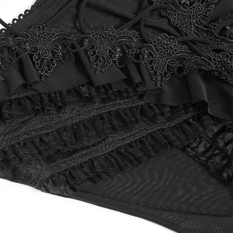 Schwarzes Gothic-Damenhemd mit Rüschen, schulterfrei und ausgestellten Ärmeln