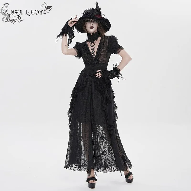 Schwarzes Gothic-Maxikleid mit tiefem Ausschnitt, Stehkragen und kurzen Ärmeln – ideal als Hochzeitskleid.