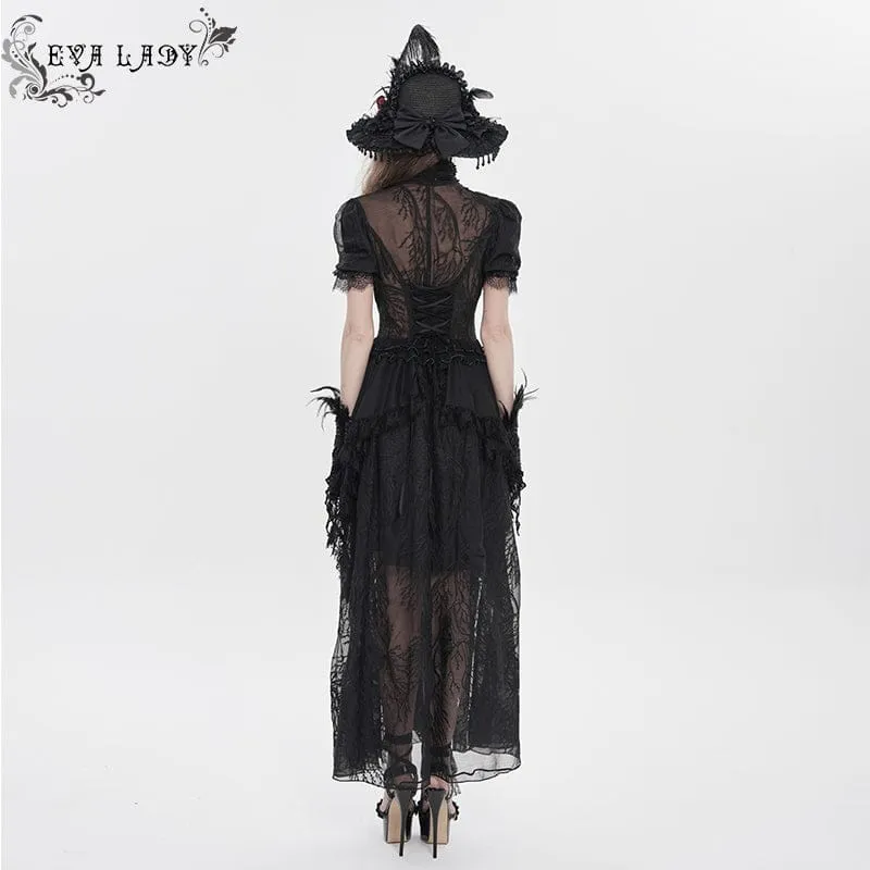Schwarzes Gothic-Maxikleid mit tiefem Ausschnitt, Stehkragen und kurzen Ärmeln – ideal als Hochzeitskleid.