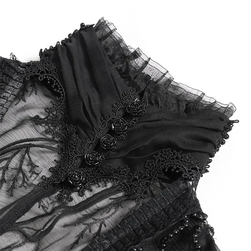 Schwarzes Gothic-Maxikleid mit tiefem Ausschnitt, Stehkragen und kurzen Ärmeln – ideal als Hochzeitskleid.