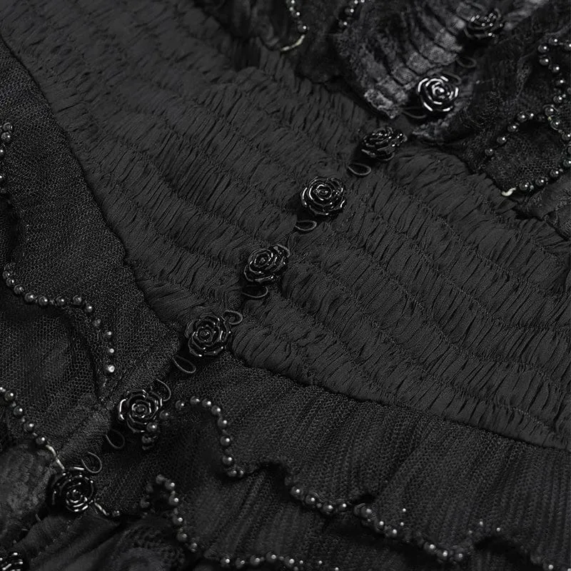 Schwarzes Gothic-Maxikleid mit tiefem Ausschnitt, Stehkragen und kurzen Ärmeln – ideal als Hochzeitskleid.