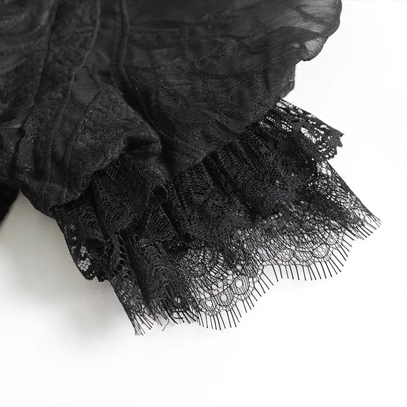 Schwarzes Gothic-Maxikleid mit tiefem Ausschnitt, Stehkragen und kurzen Ärmeln – ideal als Hochzeitskleid.