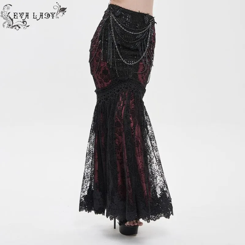 Gothic-Rock für Damen mit floraler Spitze, Perlen und Kettenverzierung, lang, schwarz-rot