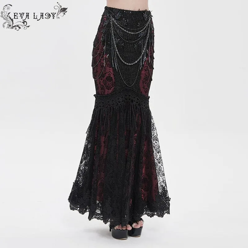 Gothic-Rock für Damen mit floraler Spitze, Perlen und Kettenverzierung, lang, schwarz-rot