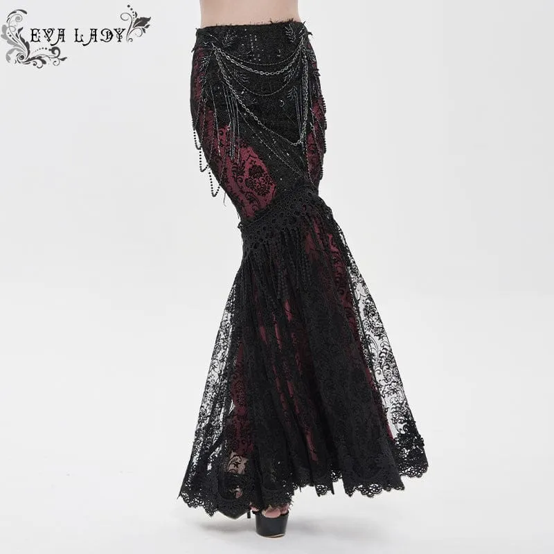 Gothic-Rock für Damen mit floraler Spitze, Perlen und Kettenverzierung, lang, schwarz-rot