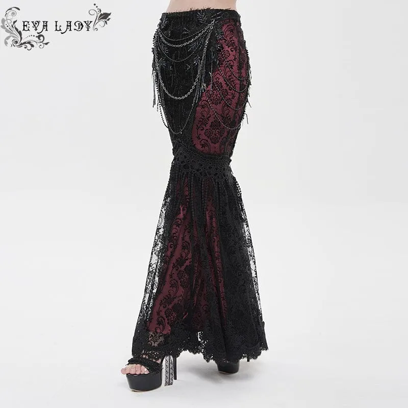 Gothic-Rock für Damen mit floraler Spitze, Perlen und Kettenverzierung, lang, schwarz-rot