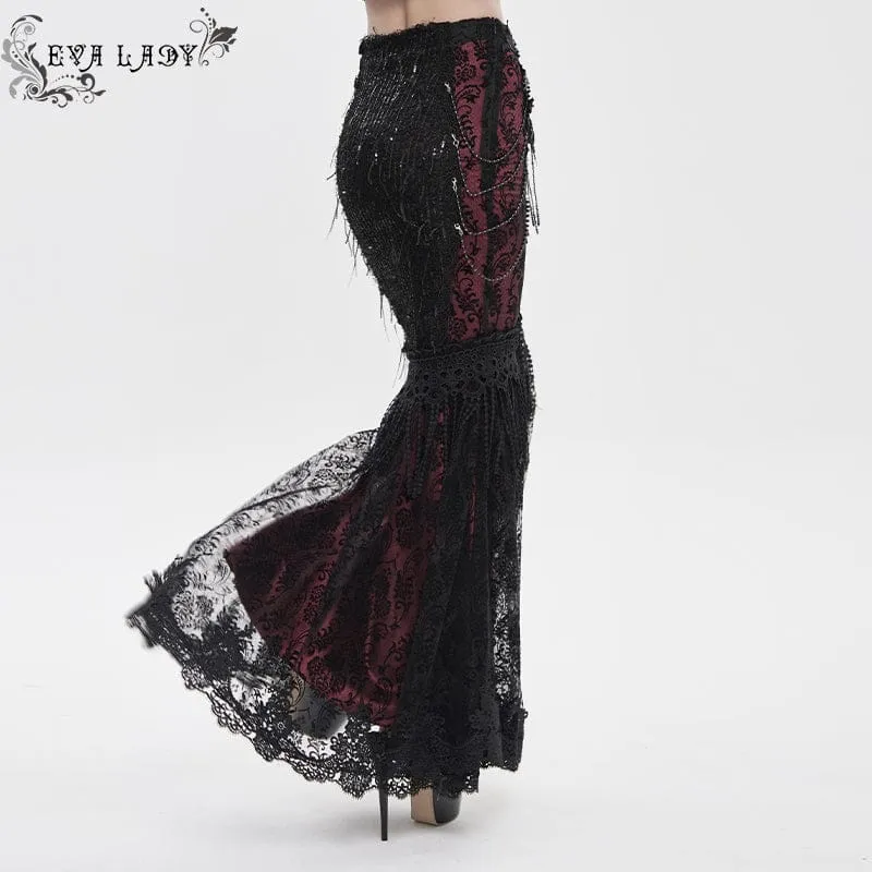 Gothic-Rock für Damen mit floraler Spitze, Perlen und Kettenverzierung, lang, schwarz-rot