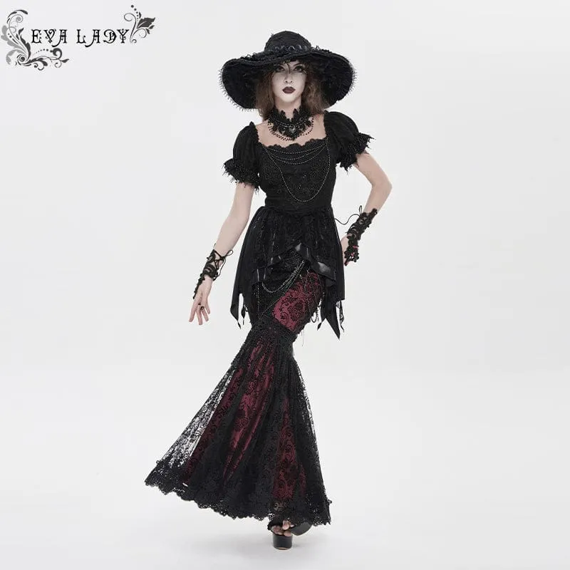 Gothic-Rock für Damen mit floraler Spitze, Perlen und Kettenverzierung, lang, schwarz-rot