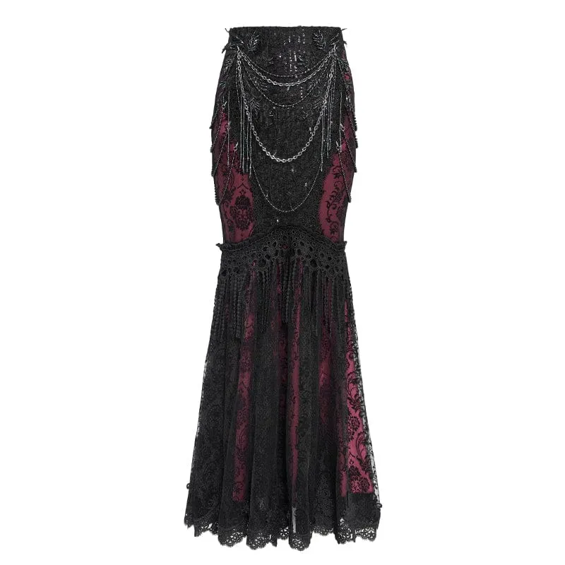 Gothic-Rock für Damen mit floraler Spitze, Perlen und Kettenverzierung, lang, schwarz-rot