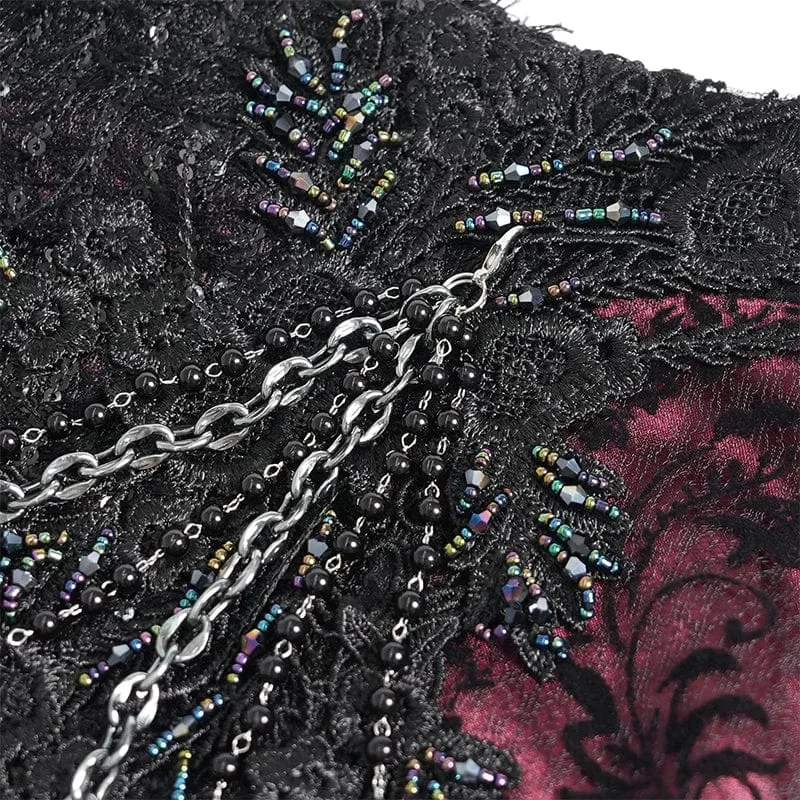 Gothic-Rock für Damen mit floraler Spitze, Perlen und Kettenverzierung, lang, schwarz-rot