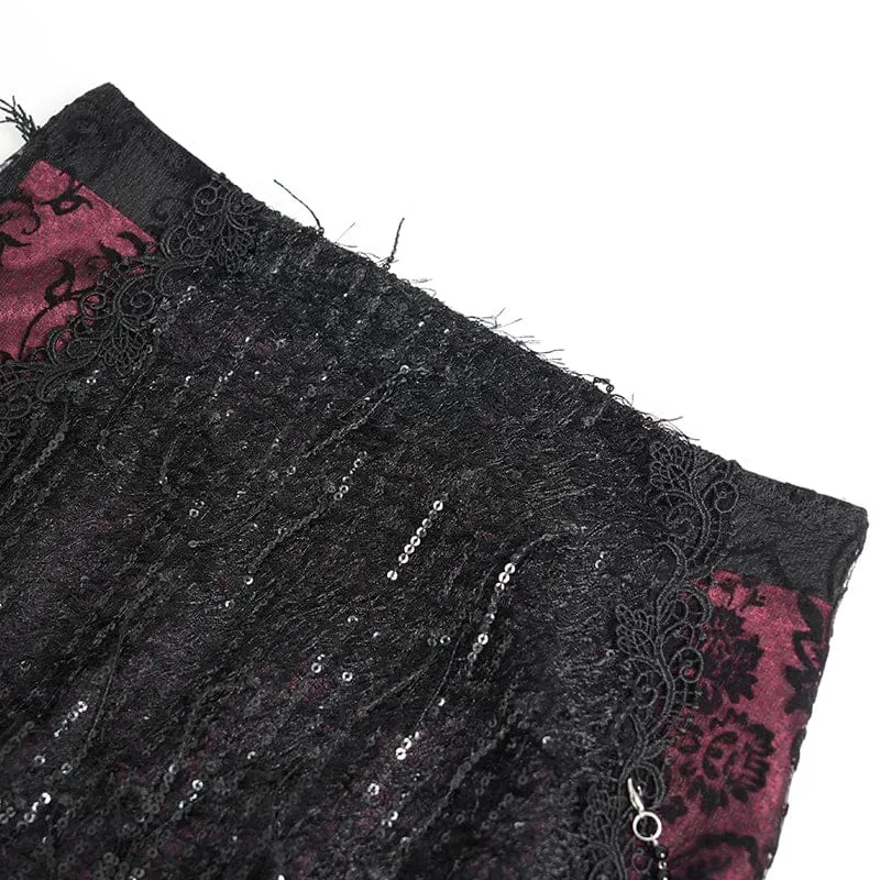 Gothic-Rock für Damen mit floraler Spitze, Perlen und Kettenverzierung, lang, schwarz-rot