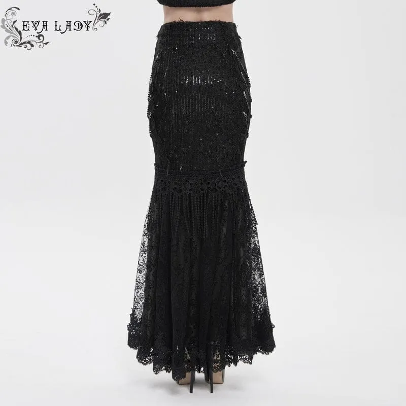 Schwarzer, langer Gothic-Rock für Damen mit floraler Spitze, Perlen und Kettenverzierung