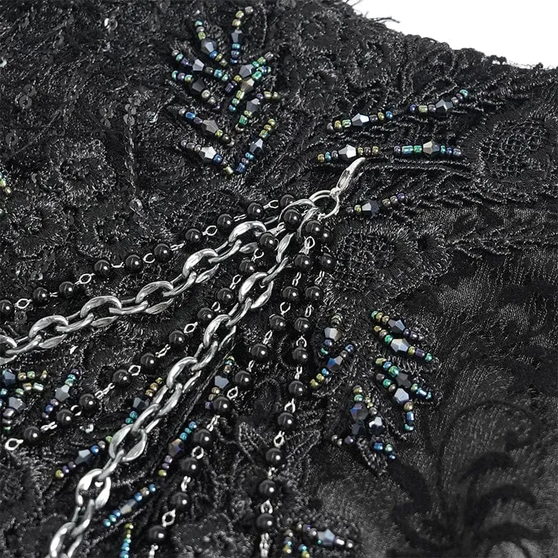 Schwarzer, langer Gothic-Rock für Damen mit floraler Spitze, Perlen und Kettenverzierung