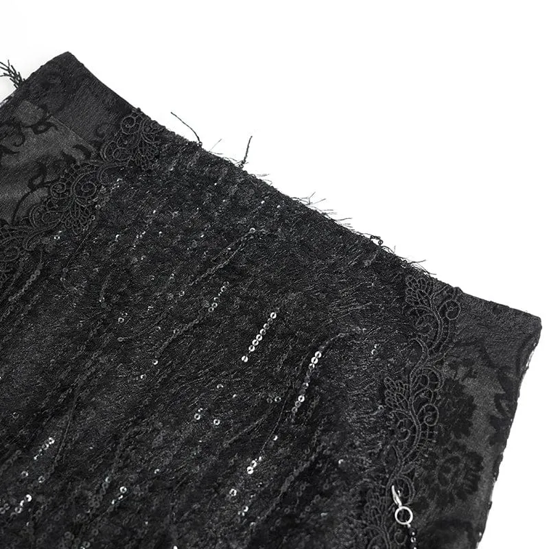 Schwarzer, langer Gothic-Rock für Damen mit floraler Spitze, Perlen und Kettenverzierung