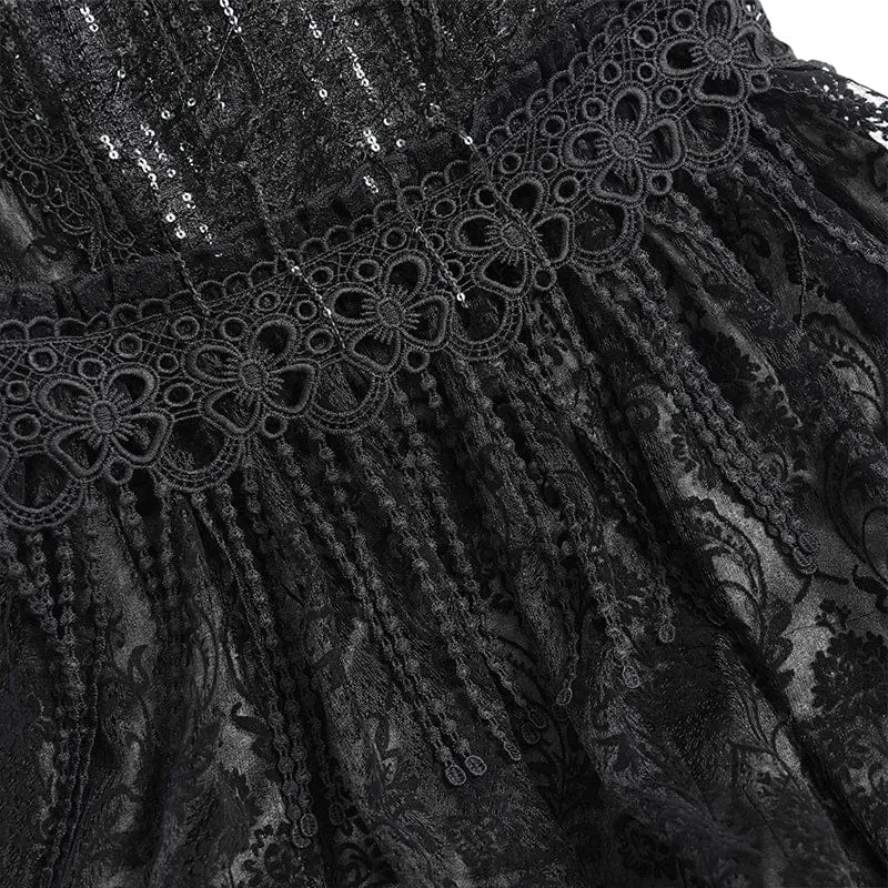 Schwarzer, langer Gothic-Rock für Damen mit floraler Spitze, Perlen und Kettenverzierung
