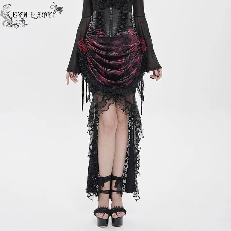 Gothic-Rock für Damen mit Rosenmuster, Schnürung und asymmetrischem Saum, Schwarz-Rot