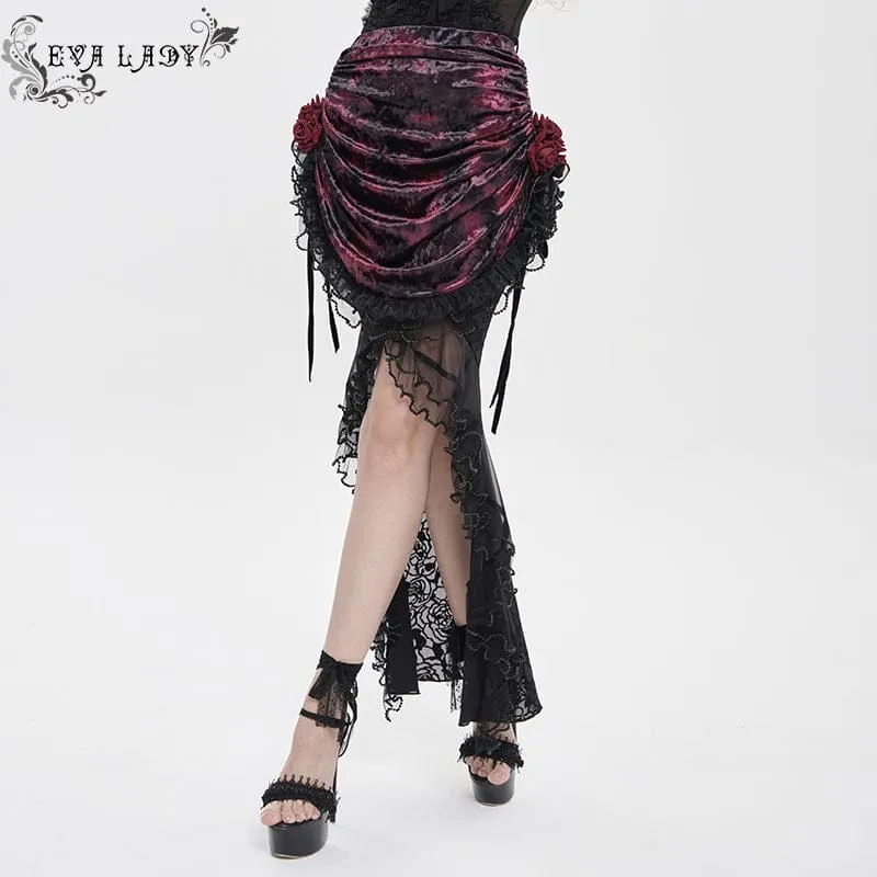 Gothic-Rock für Damen mit Rosenmuster, Schnürung und asymmetrischem Saum, Schwarz-Rot