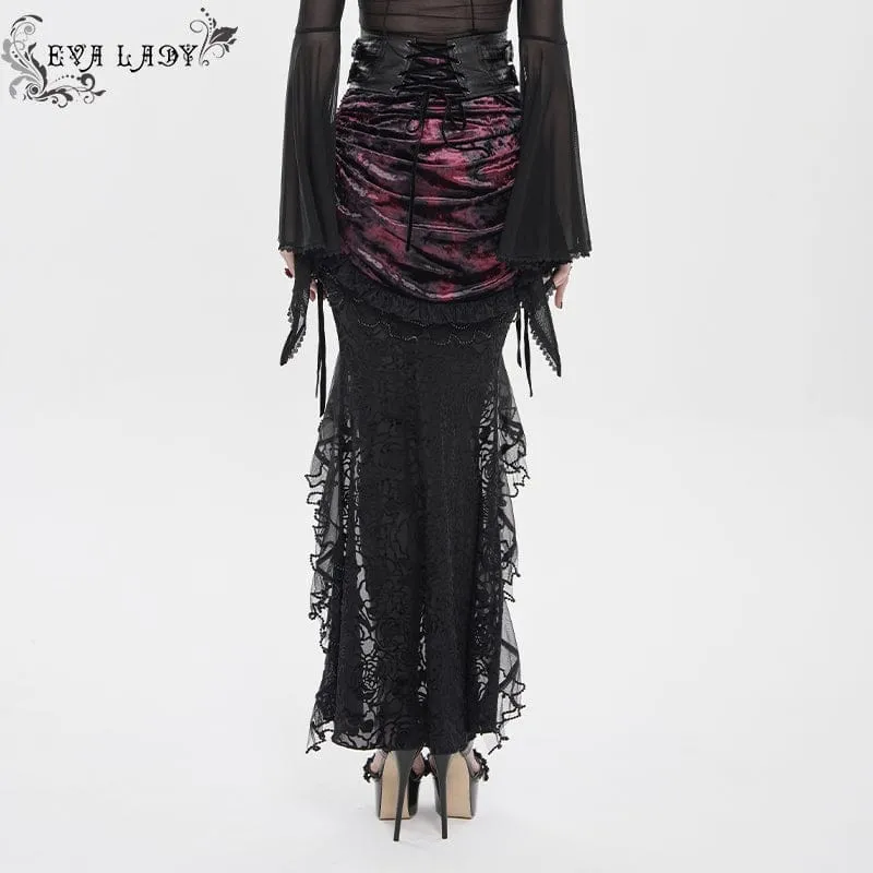 Gothic-Rock für Damen mit Rosenmuster, Schnürung und asymmetrischem Saum, Schwarz-Rot