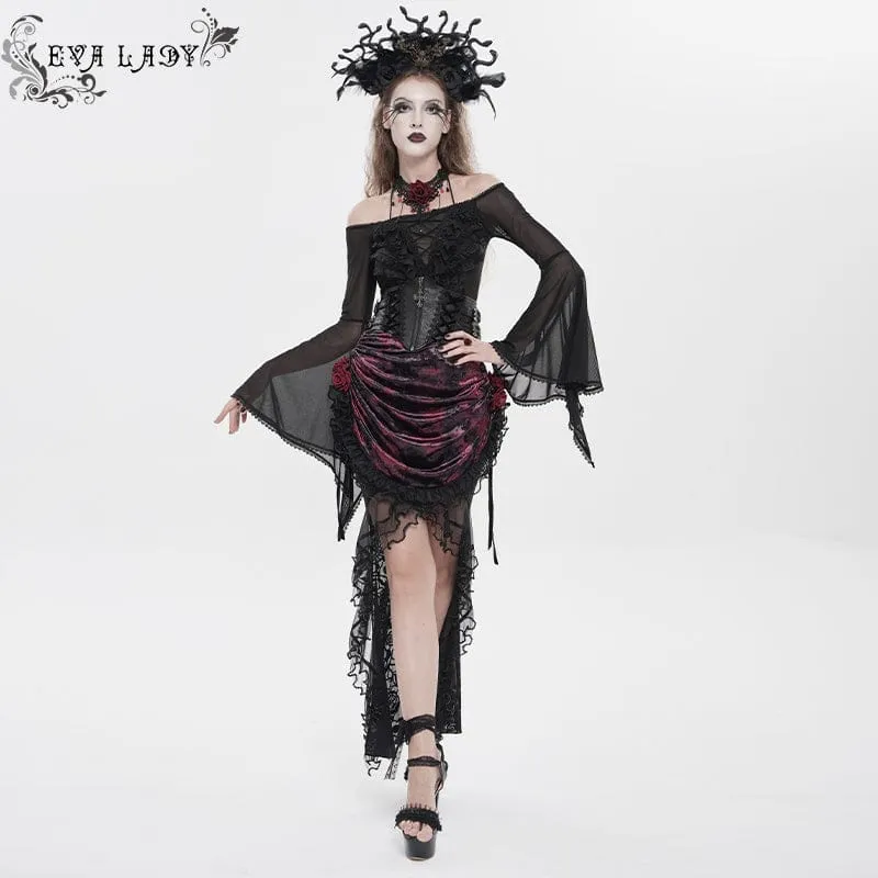 Gothic-Rock für Damen mit Rosenmuster, Schnürung und asymmetrischem Saum, Schwarz-Rot
