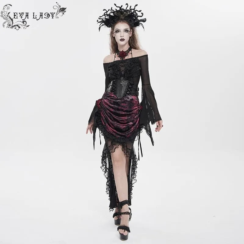 Gothic-Rock für Damen mit Rosenmuster, Schnürung und asymmetrischem Saum, Schwarz-Rot