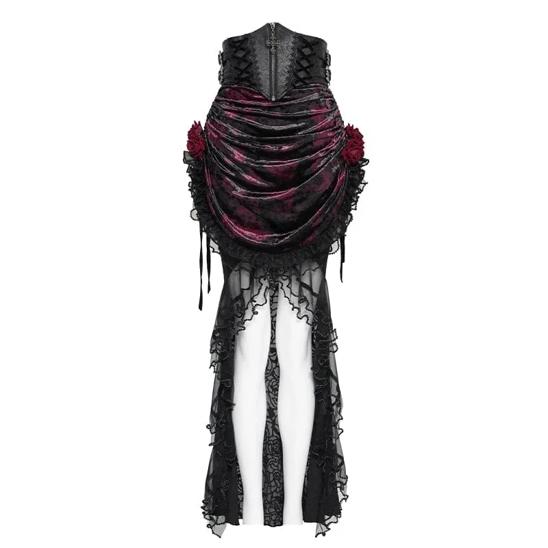 Gothic-Rock für Damen mit Rosenmuster, Schnürung und asymmetrischem Saum, Schwarz-Rot