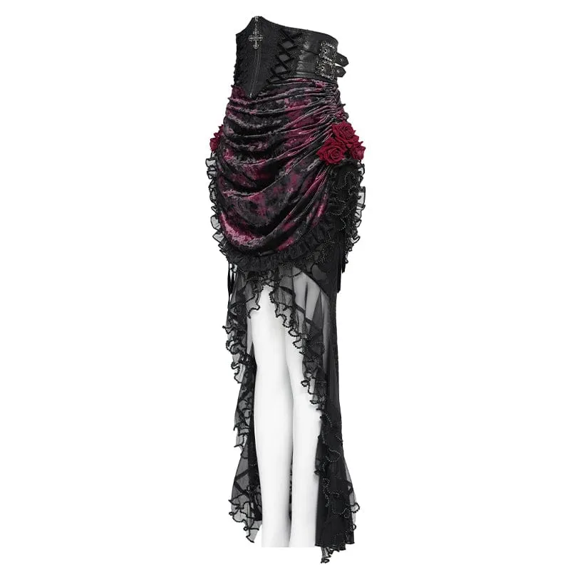 Gothic-Rock für Damen mit Rosenmuster, Schnürung und asymmetrischem Saum, Schwarz-Rot